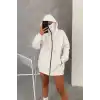 Kadın Samuray Ninja Çift Kapüşonlu Maske Detaylı Fermuarlı Kanguru Cepli Hoodie - Beyaz
