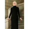 Kadın Tesettür Triko Elbise – Boğazlı Uzun Fitilli Dokuma, Esnek Tam Kalıp, 130 cm Midi Boy, Bahar & Kış Şık Rahat Stil - Siyah