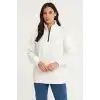 Kadın Üç İplik Dık Yaka Yarım Fermuarlı SweatShirt - Beyaz