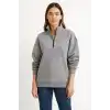 Kadın Üç İplik Dık Yaka Yarım Fermuarlı SweatShirt - Gri