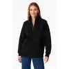 Kadın Üç İplik Dık Yaka Yarım Fermuarlı SweatShirt - Siyah