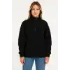 Kadın Üç İplik Dık Yaka Yarım Fermuarlı SweatShirt - Siyah