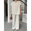 Keten Kısa Kollu Cepli Gömlek Pantolon ikili Takım - Beyaz