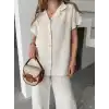 Keten Kısa Kollu Cepli Gömlek Pantolon ikili Takım - Beyaz