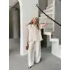 Keten Kısa Kollu Cepli Gömlek Pantolon ikili Takım - Beyaz