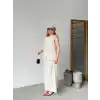 Keten Kolsuz Sıfır Yaka İlik Düğmeli Kolsuz Hırka Etek ikili Takım- Beyaz