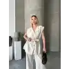 Keten Sıfır Kol Kuşaklı Ceket Pantolon ikili Takım - Beyaz