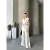 Keten Sıfır Kol Kuşaklı Ceket Pantolon ikili Takım - Beyaz
