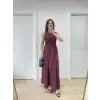 Kolsuz Göğüs Lastıklı %100 Poplin Uzun Elbise - Bordo