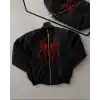 Örümcek Desenli Siyah Bomber Mont – Unisex Kullanıma Uygun, Fermuarlı Cepli, Kapitone Astarlı, Bahar Kış Günlük Giyim İçin Moda Ceket Modeli - Siyah