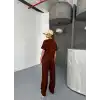 Osy Modal Yumuşak Dokulu Kumaş Kısa Kollu Bluz Rahat Pantalon ikili Takım- Kahverengi