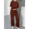Osy Modal Yumuşak Dokulu Kumaş Kısa Kollu Bluz Rahat Pantalon ikili Takım- Kahverengi