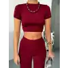 Osy Modal Yumuşak Dokulu Kumaş Kısa Kollu Crop Alt ispanyol Paça Pantalon ikili Takım - Bordo