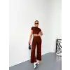 Osy Modal Yumuşak Dokulu Kumaş Kısa Kollu Crop Alt ispanyol Paça Pantalon ikili Takım - Kahverengi