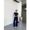 Osy Modal Yumuşak Dokulu Kumaş Kısa Kollu Crop Alt ispanyol Paça Pantalon ikili Takım - Lacivert