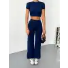 Osy Modal Yumuşak Dokulu Kumaş Kısa Kollu Crop Alt ispanyol Paça Pantalon ikili Takım - Lacivert