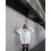 Oversize Üç İplik Bisiklet Yaka Baskılı SweatShirt - Beyaz
