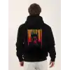 Unisex Baskılı Oversize Üç İplik Kapüşonlu Sweatshirt - Siyah