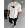 Unisex Bisiklet Yaka Baskılı Double Oversize T-Shirt - Beyaz