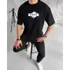 Unisex Bisiklet Yaka Baskılı Double Oversize T-Shirt - Siyah