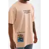 Unisex Bisiklet Yaka Baskılı Oversize T-Shirt - Bej