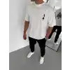 Unisex Bisiklet Yaka Baskılı Oversize T-Shirt - Beyaz