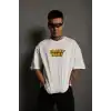 Unisex Bisiklet Yaka Baskılı Oversize T-Shirt - Beyaz