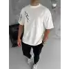 Unisex Bisiklet Yaka Baskılı Oversize T-Shirt - Beyaz