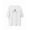Unisex Bisiklet Yaka Baskılı Oversize T-Shirt - Beyaz