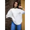 Unisex Bisiklet Yaka Baskılı Oversize T-Shirt - Beyaz