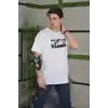 Unisex Bisiklet Yaka Baskılı Oversize T-Shirt - Beyaz