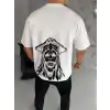 Unisex Bisiklet Yaka Baskılı Oversize T-Shirt - Beyaz