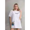Unisex Bisiklet Yaka Baskılı Oversize T-Shirt - Beyaz