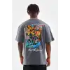 Unisex Bisiklet Yaka Baskılı Oversize T-Shirt - Gri