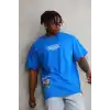 Unisex Bisiklet Yaka Baskılı Oversize T-Shirt - Mavi
