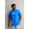 Unisex Bisiklet Yaka Baskılı Oversize T-Shirt - Mavi