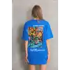 Unisex Bisiklet Yaka Baskılı Oversize T-Shirt - Mavi