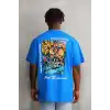 Unisex Bisiklet Yaka Baskılı Oversize T-Shirt - Mavi