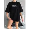 Unisex Bisiklet Yaka Baskılı Oversize T-Shirt - Siyah