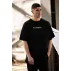Unisex Bisiklet Yaka Baskılı Oversize T-Shirt - Siyah