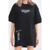 Unisex Bisiklet Yaka Baskılı Oversize T-Shirt - Siyah