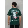 Unisex Bisiklet Yaka Baskılı Oversize T-Shirt - Yeşil