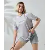 Unisex Bisiklet Yaka Baskılı Slim Fit T-Shirt - Boyalı Gri