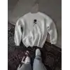 Unisex Bisiklet Yaka Ön Ve Arka Baskılı SweatShirt - Beyaz