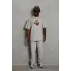 Unisex Oversize Baskılı Bisiklet Yaka T-Shirt - Gri