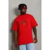 Unisex Oversize Baskılı Bisiklet Yaka T-Shirt - Kırmızı