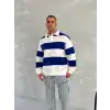 Unisex Üç İplik Parçalı Yakalı SweatShirt - Mavi