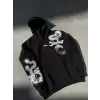 Uzun Kol Kapüşonlu Baskılı SweatShirt - Siyah