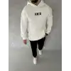 Uzun Kol Kapüşonlu Göğüs Baskılı SweatShirt - Beyaz