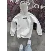 Uzun Kol Kapüşonlu Göğüs Baskılı SweatShirt - Beyaz